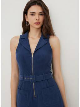 Cider - Corduroy Women's Sleeveless V-Neck Zip Flared Jumpsuit Navy Blue