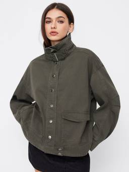 Cider - Two Way Women's Funnel Neck Buckled Oversized Denim Jacket Green