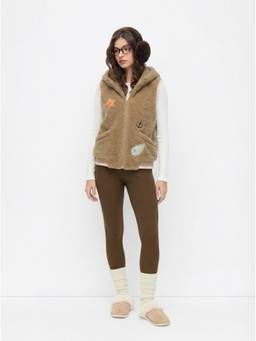 Cider - Marine Life Women's Hooded Embroidered Zip Vest Tan