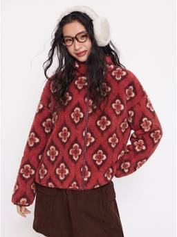 Cider - Fleece Women's Geometric Zip-Through Stand Collar Jacket Red