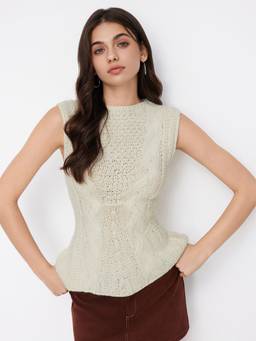 Cider - Cable Knit Women’s Sleeveless Round Neck Longline Vest Cream