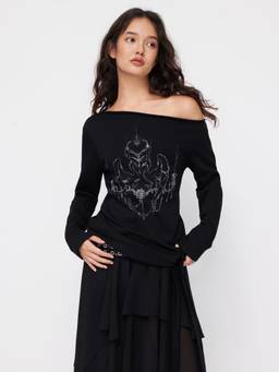 Cider - Cotton-Blend Women Graphic Asymmetrical Neck Oversized Top Black