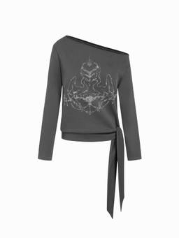 Cider - Abstract Graphic Women's Asymmetrical Neck Tie-Up Oversized Top Grey