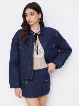 Cider - Thermal Collar Women Quilted Denim Jacket Navy Blue