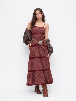 Cider - Cotton Plaid Women's Square Neck Lace Tiered Maxi Dress Burgundy
