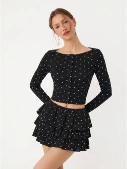 Cider - Cotton Blend Women Polka Dot Boat Neck Skirt Set Black