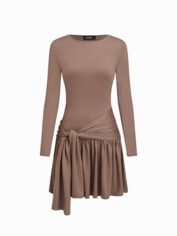 Cider - Tie Side Women's Solid Round Neck Full Sleeve Mini Dress Brown