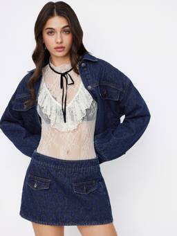 Cider - Quilted Denim Women Low Waist A-Line Mini Skirt Navy Blue
