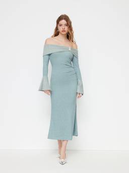 Cider - Rhinestone Ruched Women's Off-Shoulder Bell Sleeve Maxi Dress Blue