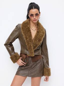Cider - Faux Leather Women's Faux Fur Trim Collar Cropped Jacket Brown