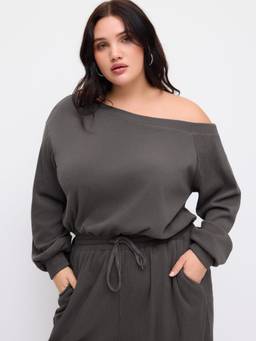 Cider - Jersey Women's Asymmetrical Neck Drawstring Oversized Jumpsuit Grey