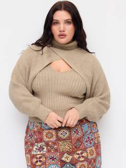 Cider - Knit Women's High Neck Wrap Crop Top Khaki