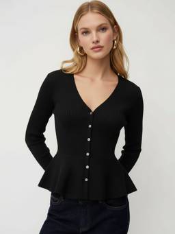 Cider - Knit Women's V-Neck Cinched Waist Button Cardigan Black