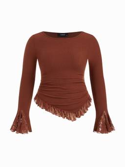 Cider - Lace Trim Women Ruched Round Neck Top Brown