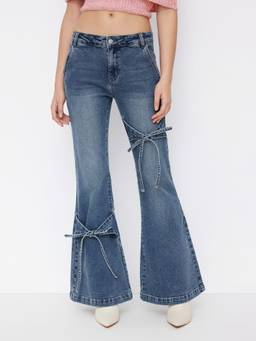 Cider - Stretch Denim Women's Low-Rise Bowknot Flared Jeans Blue