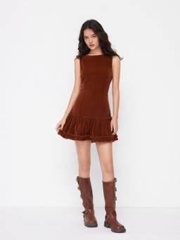 Cider - Velvet Boat Neck Women's Slim Lettuce Trim Mini Dress Brown