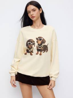 Cider - Dachshund Graphic Women's Oversized Crew Neck Sweatshirt Beige