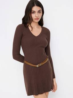 Cider - Knit Women's V-Neck Belted Full Sleeve Mini Dress Brown
