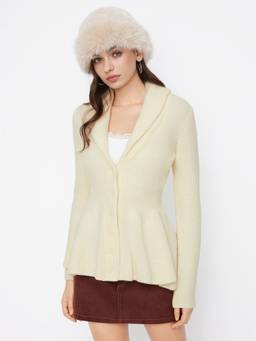 Cider - Rib Knit Women's Button-Up Collar Neck Ruffle Hem Cardigan Cream