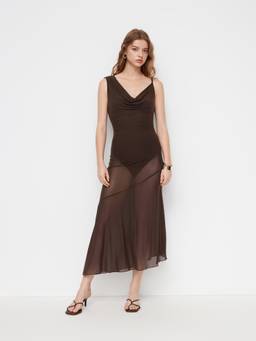 Cider - Mesh Women's Backless Cowl Neck Ruffle Hem Maxi Dress Coffee