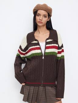 Cider - Knit Collar Women Oversized Striped Zip-Up Cardigan Brown