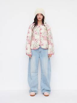 Cider - Floral V-Neck Button Oversized Puffer Jacket Pink