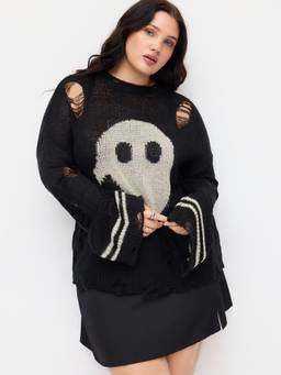Cider - Knit Ghost Women's Distressed Stripe Oversized Top Black