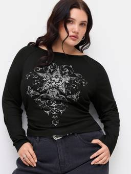 Cider - Star Graphic Women’s Slim Fit Boat Neck Top Black
