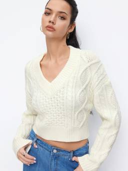 Cider - Cable Knit Women’s Oversized V-Neck Tie-Back Top Cream