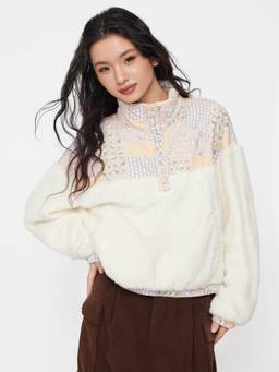 Cider - Cotton Fleece Women's Patched Stand Collar Sweatshirt Cream