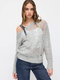 Cider - Knit Women's Asymmetrical Buckle Neck Oversized Top Grey
