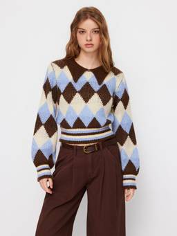 Cider - Argyle Women's Wool Blend Collar Neck Pullover Sweater Brown