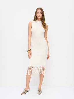 Cider - Knit Women's Stand Collar Fringed Hem Midi Dress Beige