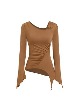 Cider - Ruched Lettuce Trim Women's Asymmetrical Neck Top Brown