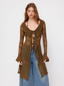 Cider - Knit Wool-blend Women's V-Neck Tie-Up Midi Dress Olive
