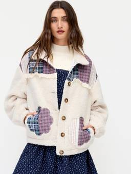 Cider - Patchwork Women’s Oversized Button-Up Fleece Jacket Beige