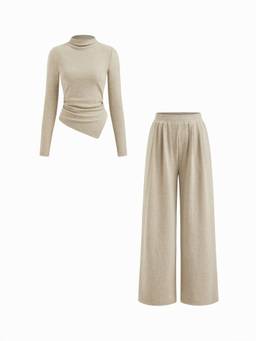 Cider - Ruched Women's Asymmetrical Hem Pant Set Beige
