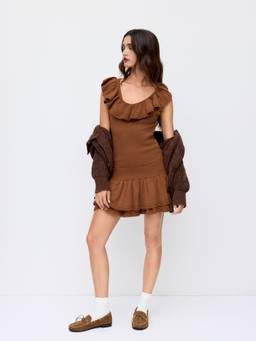 Cider - Knit Women's Ruffled V-Neck Layered Mini Dress Brown
