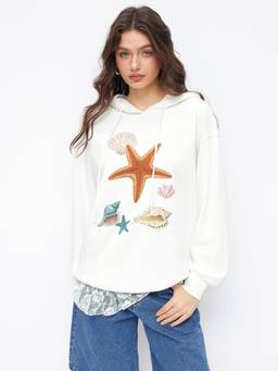 Cider - Sea Life Graphic Women's Drawstring Hooded Hoodie White