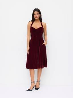 Cider - Velvet Women's Halter Neck Ruffled Midi Dress Burgundy