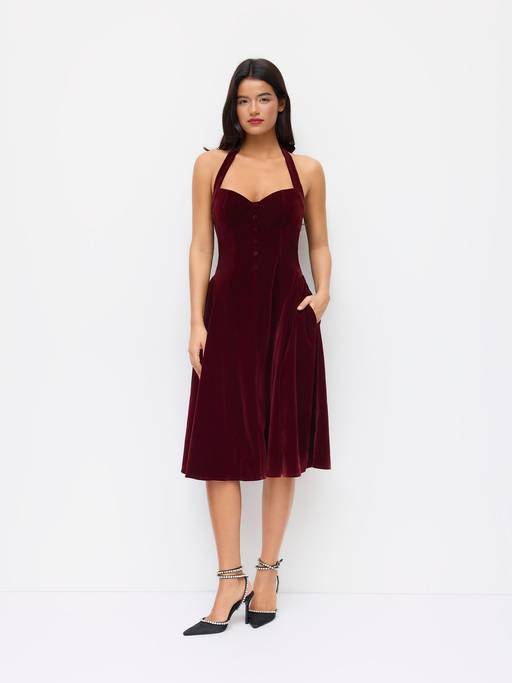 Buy Cider Velvet Women's Halter Neck Ruffled Midi Dress Burgundy (XXS) Online