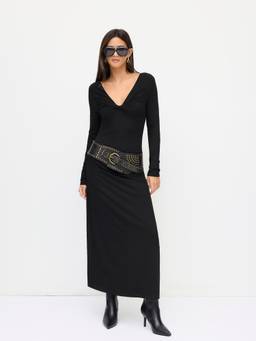 Cider - Ruched Women's V-Neck Full Sleeve Maxi Dress Charcoal