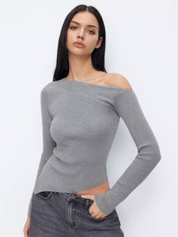 Cider - Knit Wool-blend Women’s Asymmetrical Neck Top Grey
