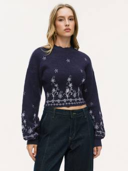 Cider - Knit Floral Women’s High Neck Lantern Sleeve Crop Top Dark Navy