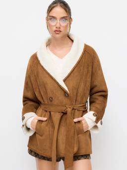 Cider - Faux Shearling Women's Oversized Belted Jacket Brown