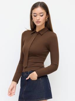 Cider - Cotton-Blend Women's Slim Tie-Up Collar Neck Shirt Brown