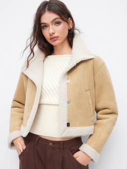 Cider - Faux Shearling Women's Oversized Metal Button Cropped Jacket Khaki