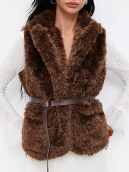 Cider - Faux Fur Women's Belted Collar Vest Brown