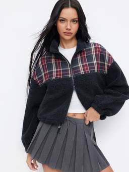 Cider - Plaid Patched Women Funnel Neck Zip Fleece Jacket Navy Blue