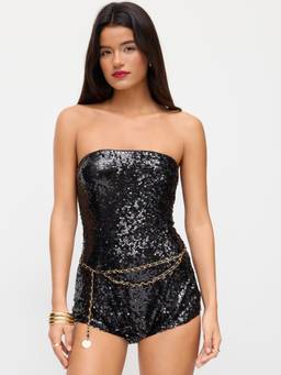 Cider - Sequin Women's Slim Fit Strapless Romper With Waist Chain Black